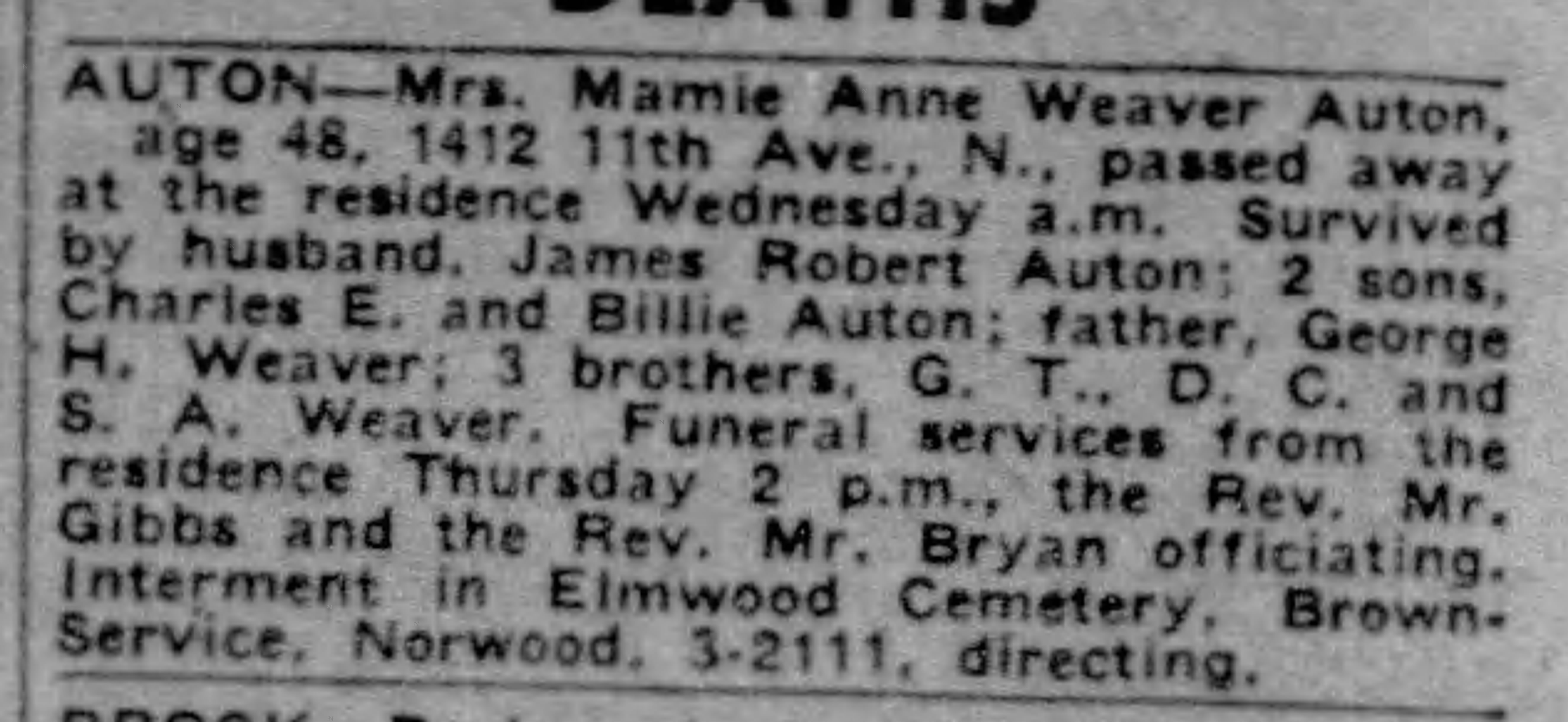 Mamie Anne Weaver Auton obituary